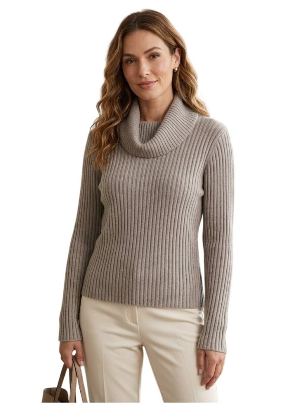 Rachel Zoe Super Soft Neutral Cowl Neck Ribbed Sweater Beige Size M